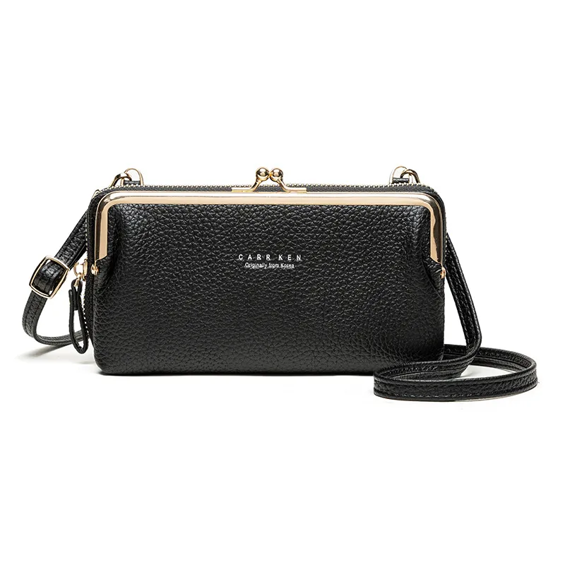 Korean Style Horizontal Lychee Pattern Diagonal Bag - Black