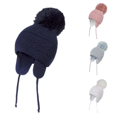 Knitted Hat Solid Color Plus Plush Big Ball