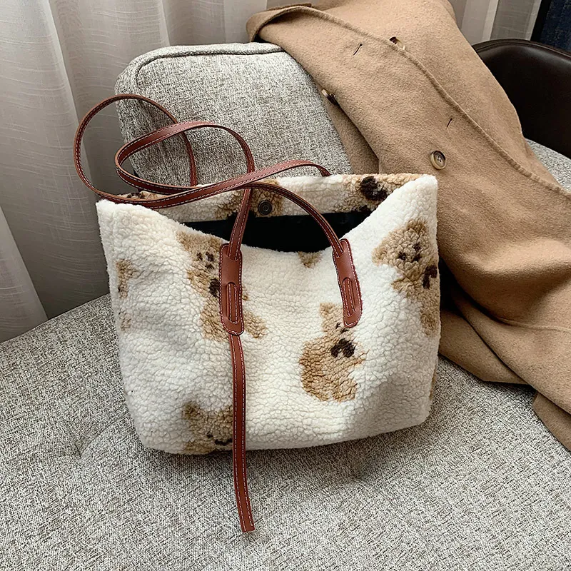 Women Cute Bear Plush Shoulder Bag Large Tote Handbag Purse - White