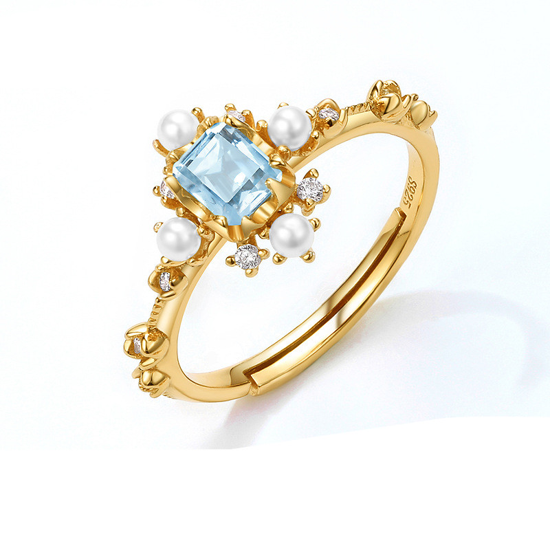 Japanese Light Luxury Natural Blue Topaz Geometric Ring