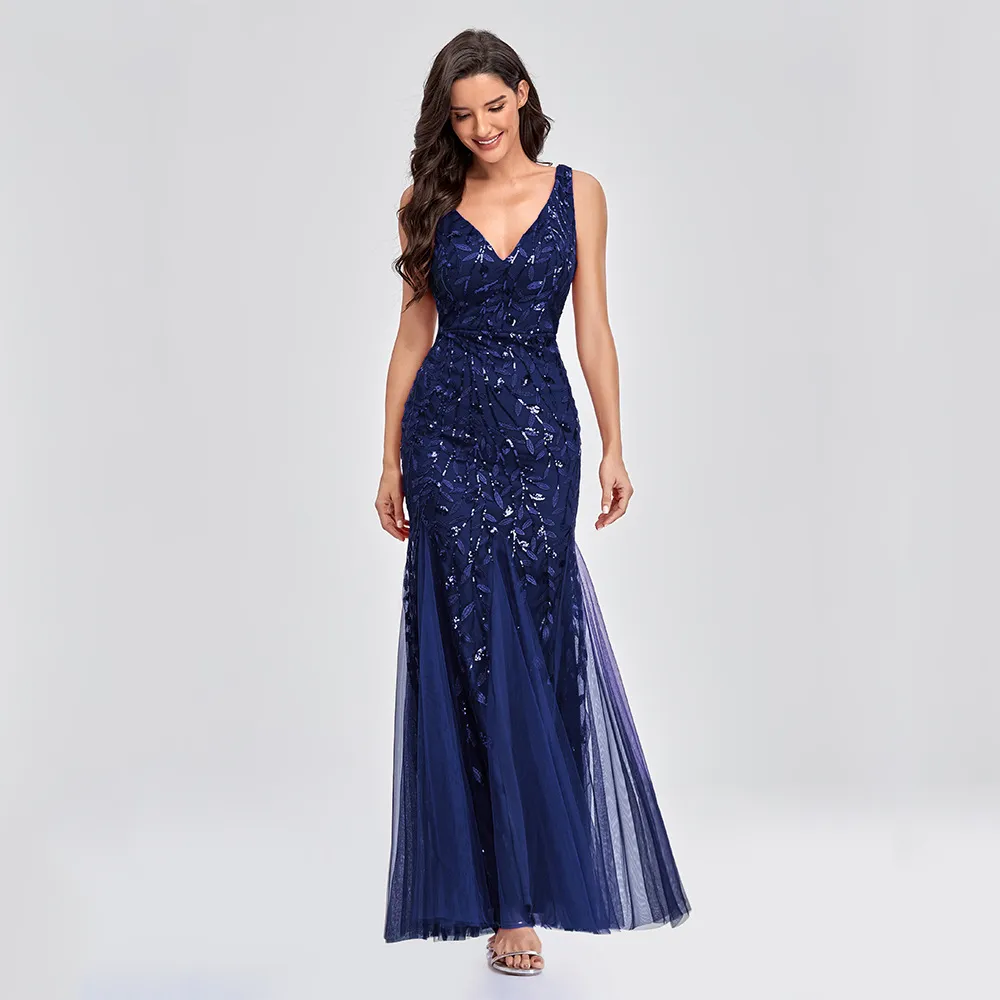 Sexy Long Dress Sleeveless V-neck Embroidered Sequin Slim Mermaid Dress - Navy