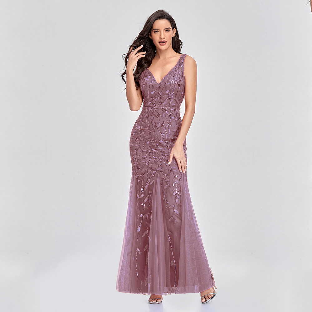 Sexy Long Dress Sleeveless V neck Embroidered Sequin Slim Mermaid Dress Pink - Shop at LoveMi