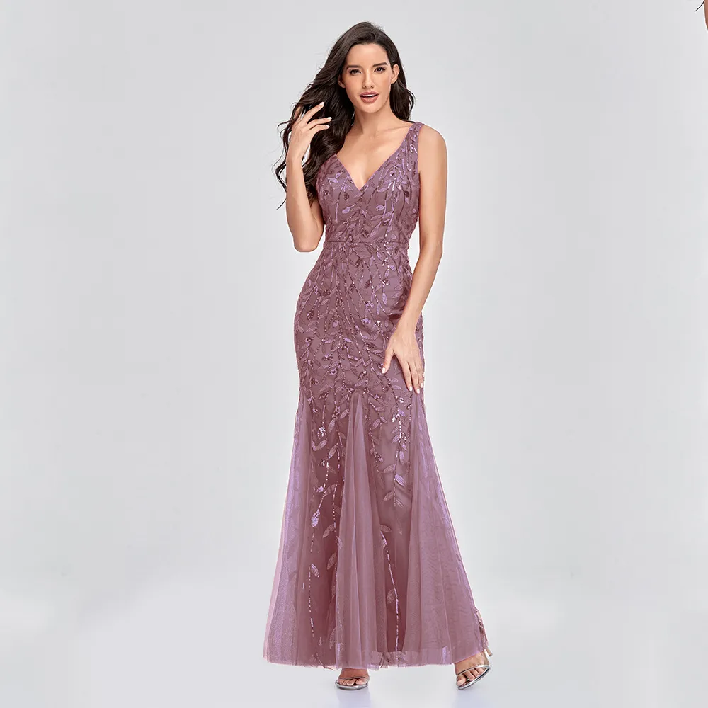 Sexy Long Dress Sleeveless V-neck Embroidered Sequin Slim Mermaid Dress - Pink