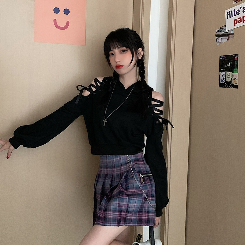 Dark Tie Hoodie With Off-the-shoulder Straps