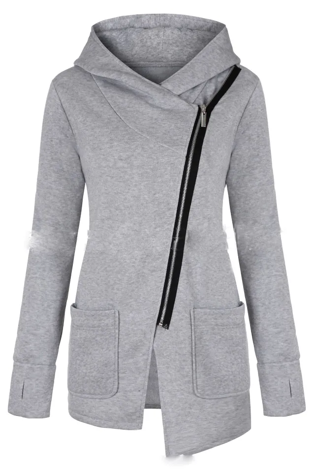 Autumn and Winter Fashion Oblique Zipper Irregular Hooded Sweater Grey - Shop at LoveMi