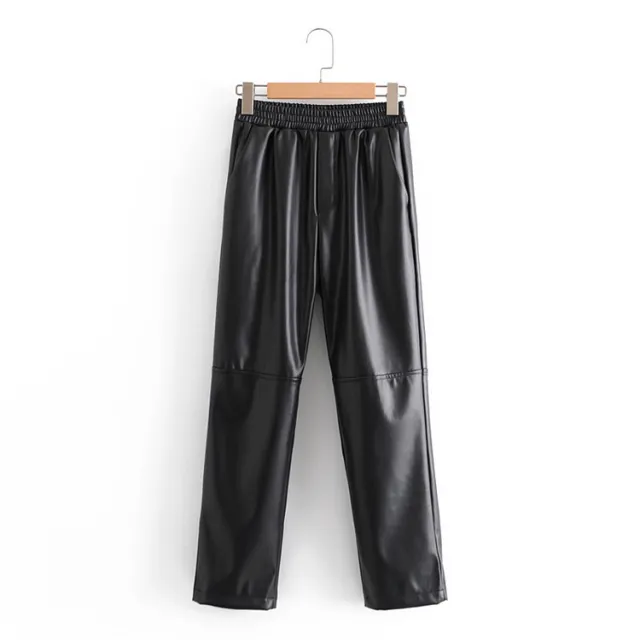 Casual Fashion All match Solid Color Imitation Leather Pants Black - Shop at LoveMi