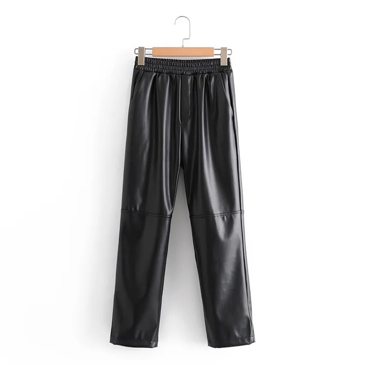 Casual Fashion All-match Solid Color Imitation Leather Pants - Black