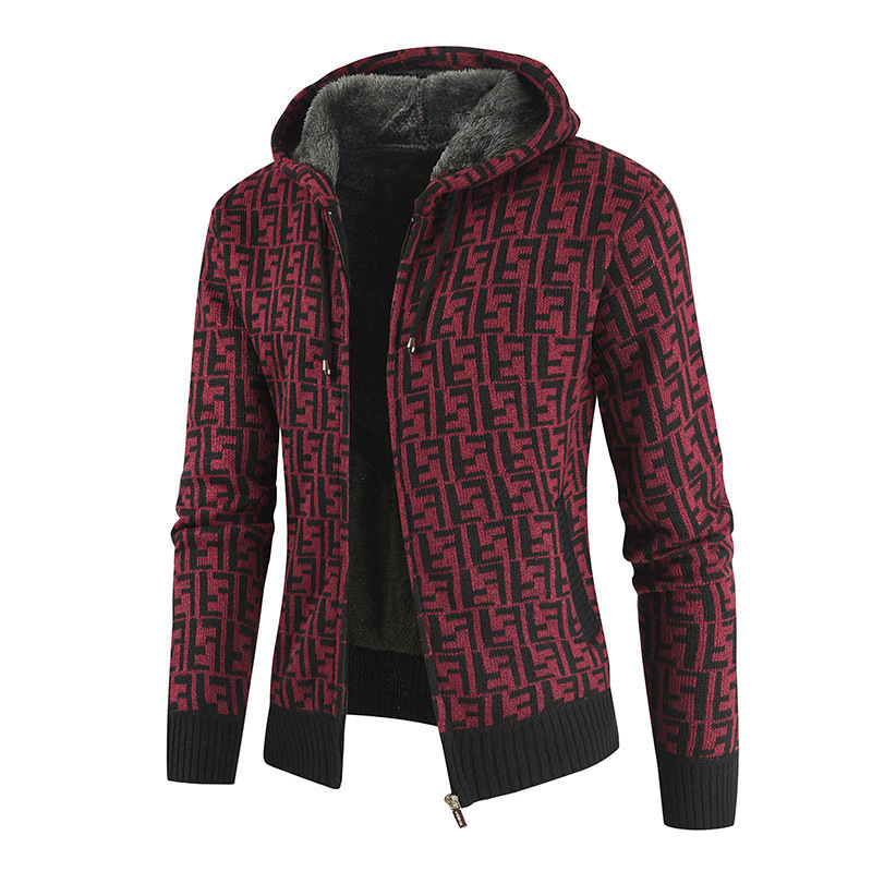 Men's Plus Velvet Cardigan Sweater Hooded Casual Wish Hot Sale Knitted Jacket