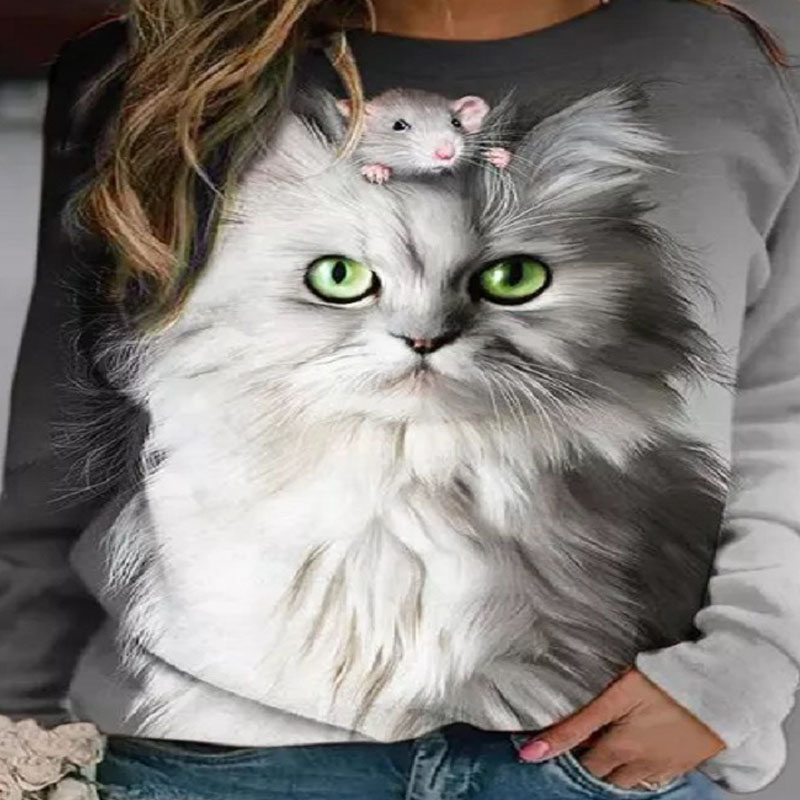 Cute Cat Loose Pullover Round Neck Print Long Sleeves