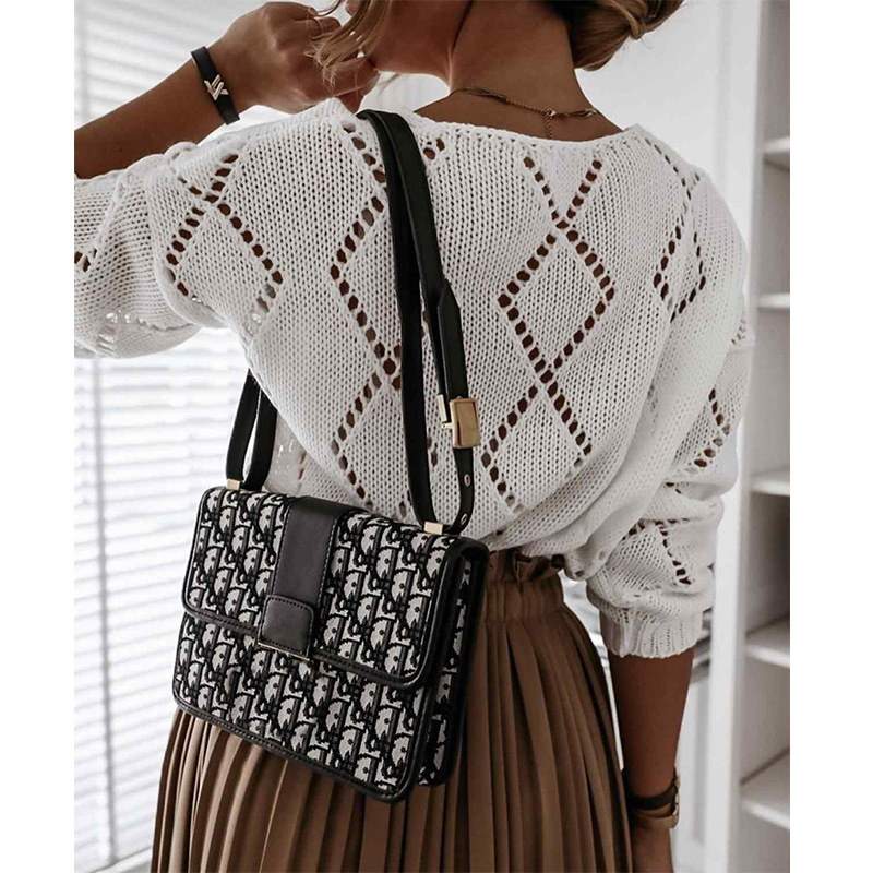 V-neck Casual Diamond Cutout Women's Sweater