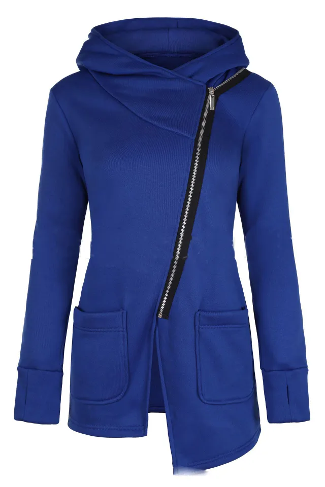 Autumn and Winter Fashion Oblique Zipper Irregular Hooded Sweater Blue - Shop at LoveMi