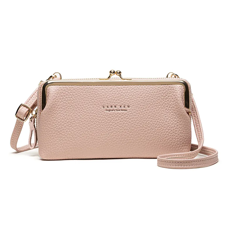 Korean Style Horizontal Lychee Pattern Diagonal Bag - Pink