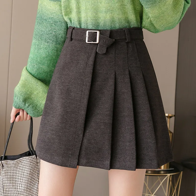 Woolen High Waist Bag Hip Black Slim Pleated Skirt - Dark Grey