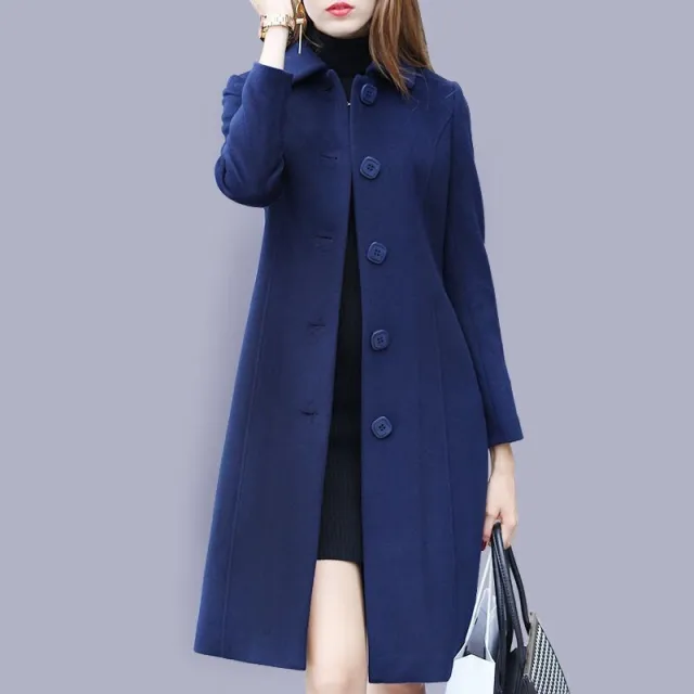Mid length Hepburn Style Slim Slim Woolen Coat Blue - Shop at LoveMi