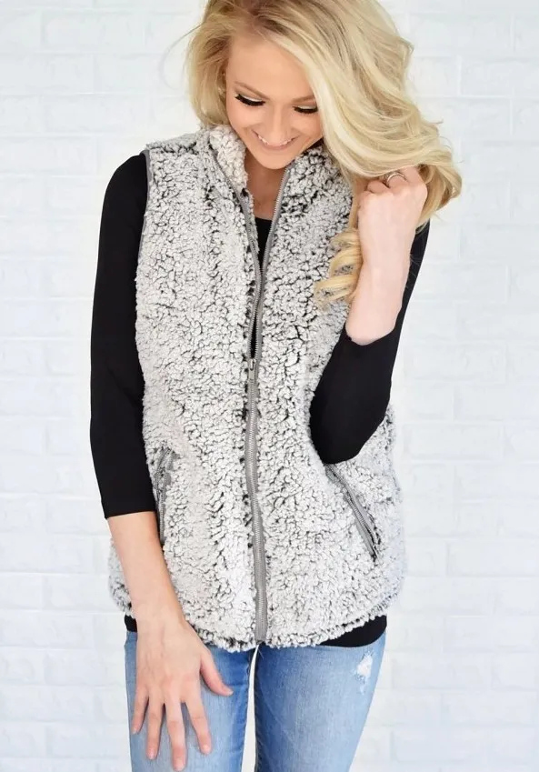 New Women's Plush Vest Jacket, Stand-Up Collar Sleeveless Women's Vest Top - Tan