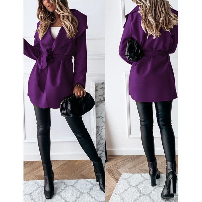 Lapel solid color long trench coat Purple - Shop at LoveMi
