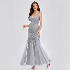 Sexy Long Dress Sleeveless V-neck Embroidered Sequin Slim Mermaid Dress - Gray - View 1