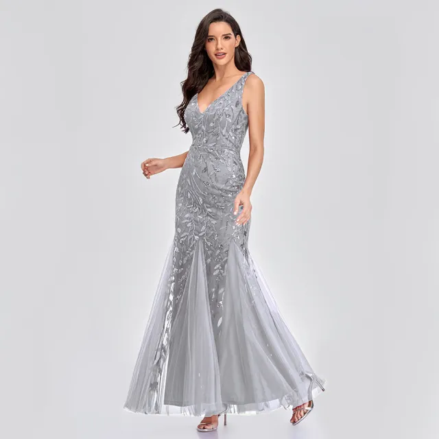 Sexy Long Dress Sleeveless V neck Embroidered Sequin Slim Mermaid Dress Gray - Shop at LoveMi