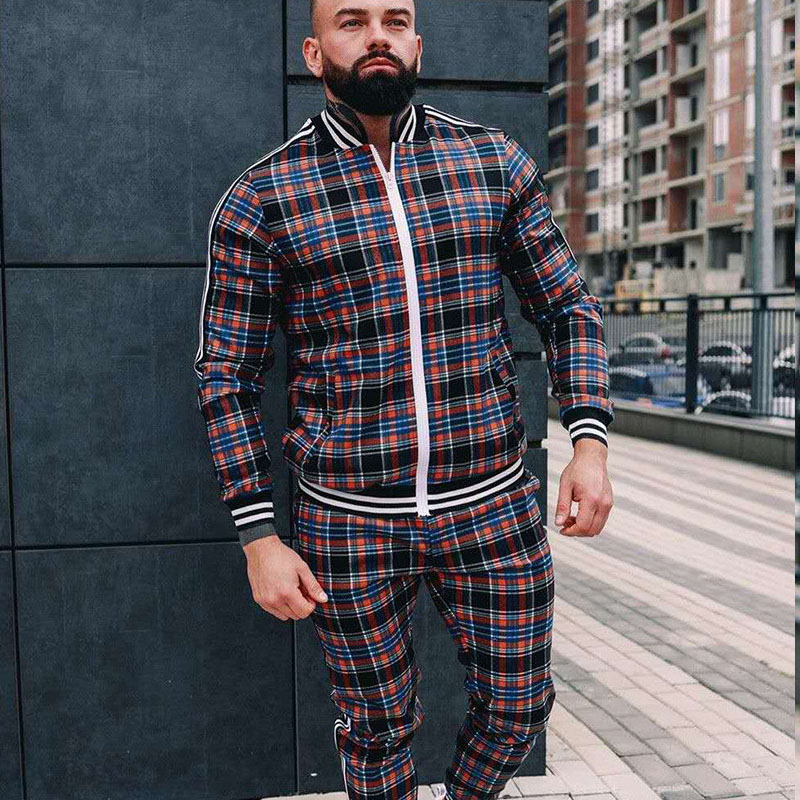 Men's Sports Fitness Plaid Zipper Cardigan Suit
