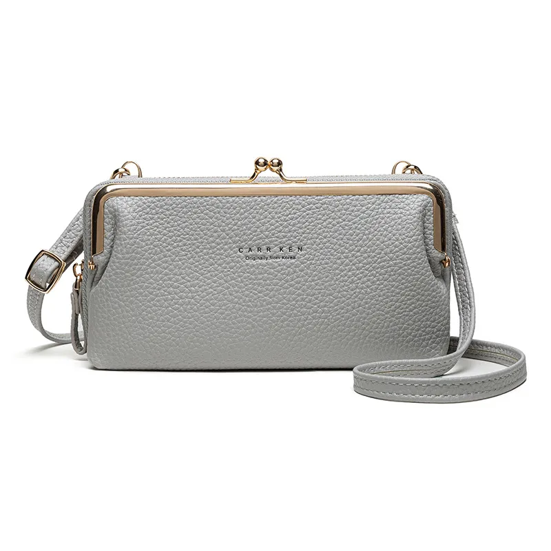 Korean Style Horizontal Lychee Pattern Diagonal Bag - Grey