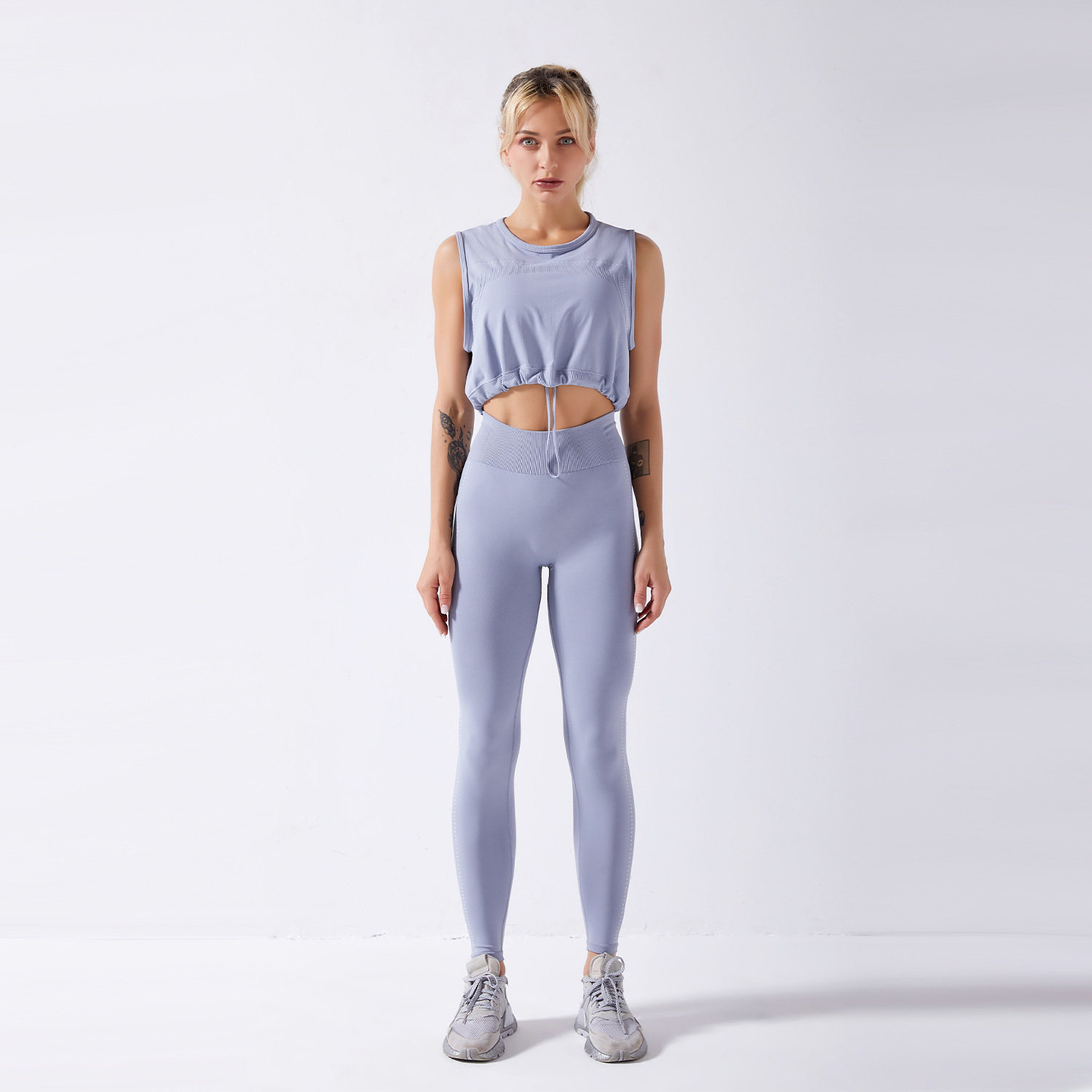 Seamless Yoga Sleeveless Drawstring Top Fitness Set