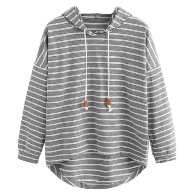 Black and White Striped Loose Hooded Sweatshirt Grey - Shop at LoveMi