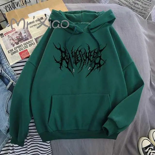 Street Hip hop Retro Flame Print Loose Hooded Plus Velvet Sweatshirt Green - Shop at LoveMi