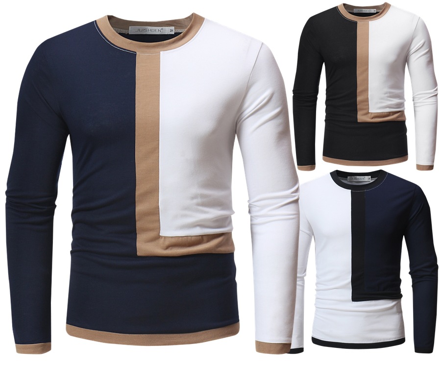 Contrasting Color Round Neck Long Sleeve T-Shirt