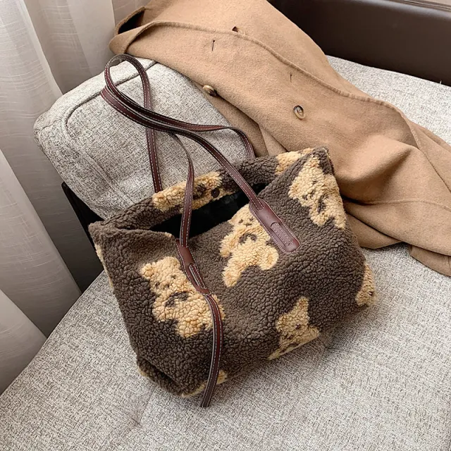 Women Cute Bear Plush Shoulder Bag Large Tote Handbag Purse Coffee - Shop at LoveMi