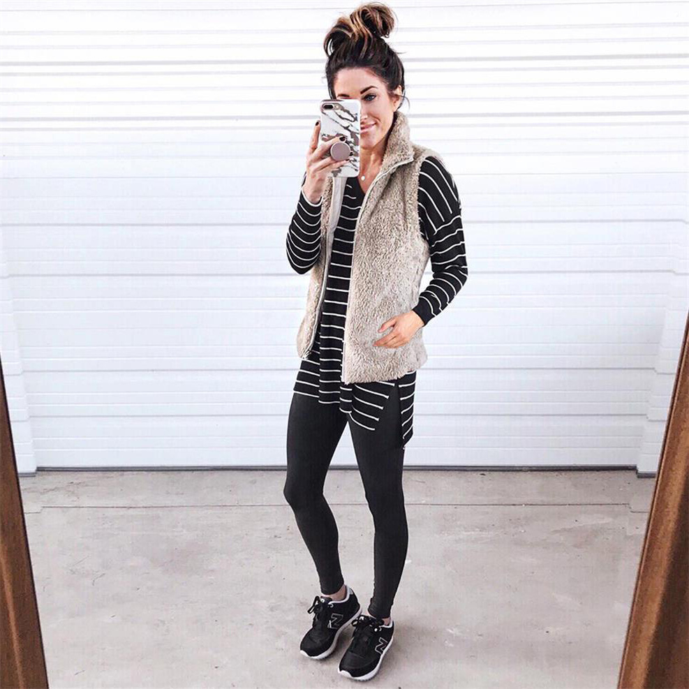 Pure Color Plush Vest With Pocket Zipper