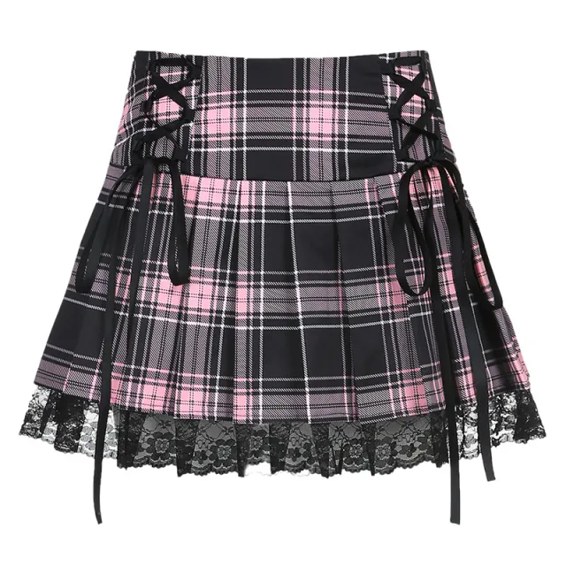 European And American Sexy Lace Check Pleated Skirt Pink - Shop at LoveMi