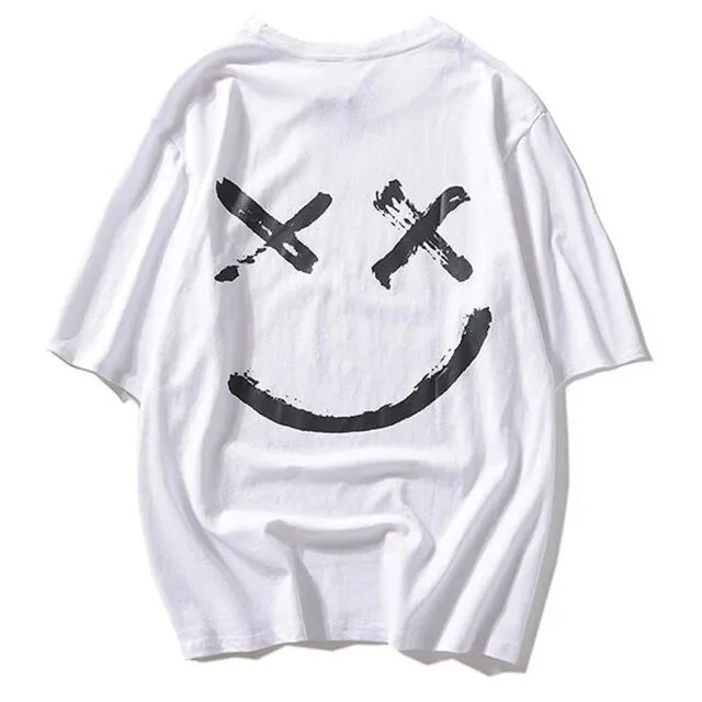 New Smiley Face Print Short Sleeved Explosive Loose Couple T Shirt White - Shop at LoveMi