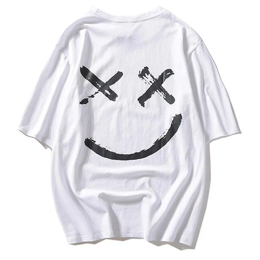 New Smiley Face Print Short-Sleeved Explosive Loose Couple T-Shirt - White