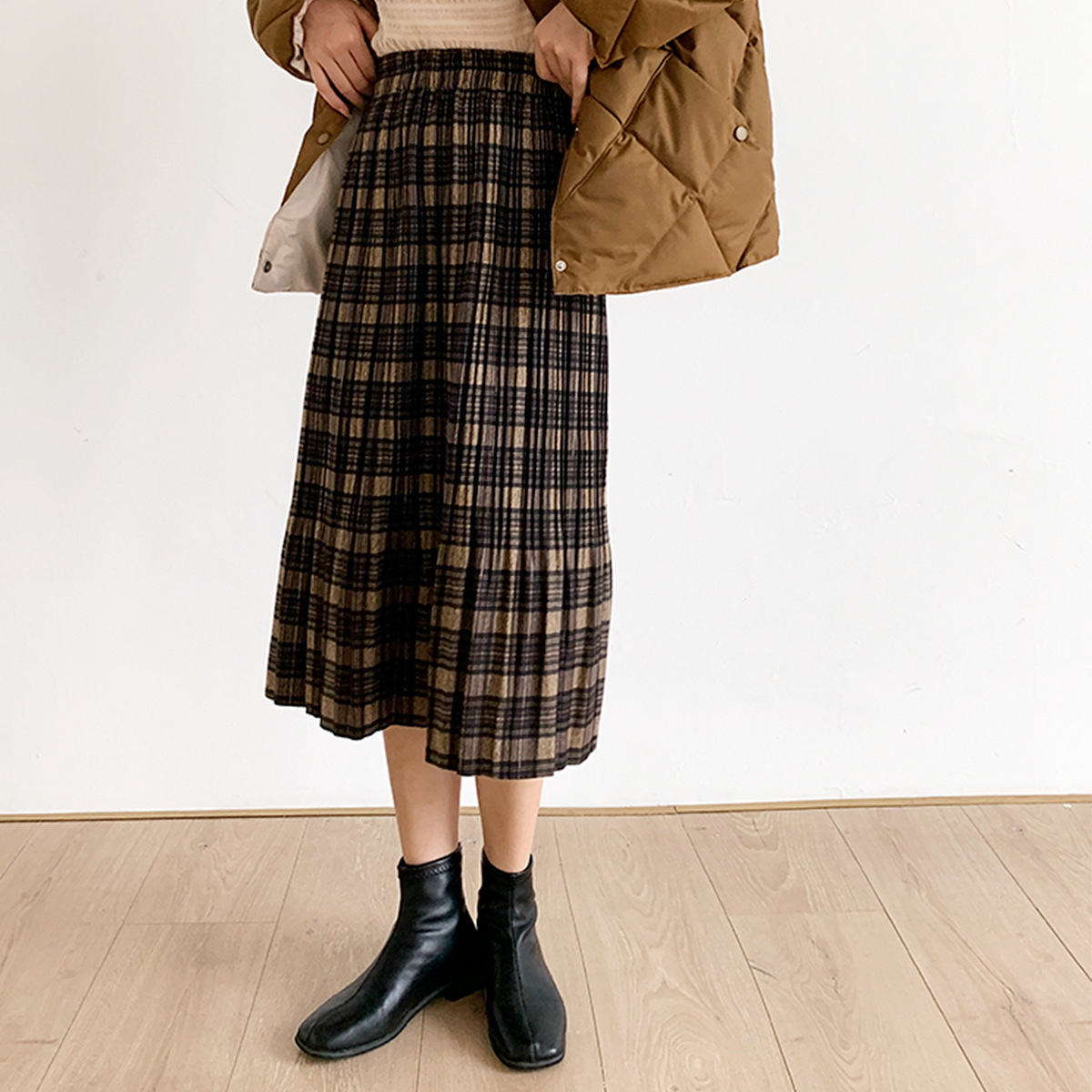 Retro High Waist Mid-Length Woolen Plaid Skirt