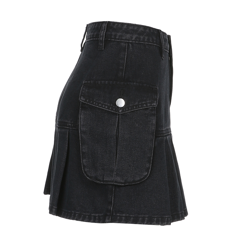 The New High Waist Was Thin And Versatile Pocket A-Line Pleated Black Denim Skirt Women