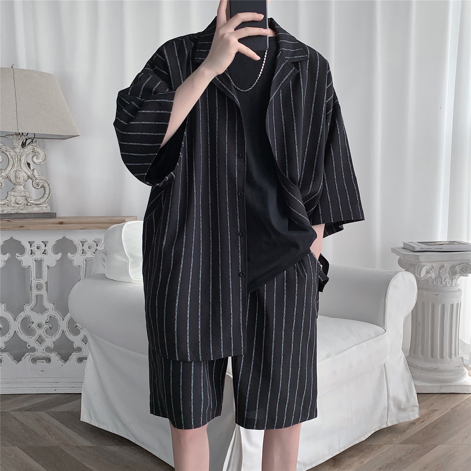 Korean Loose Stripe Short Sleeve Shirt Suit