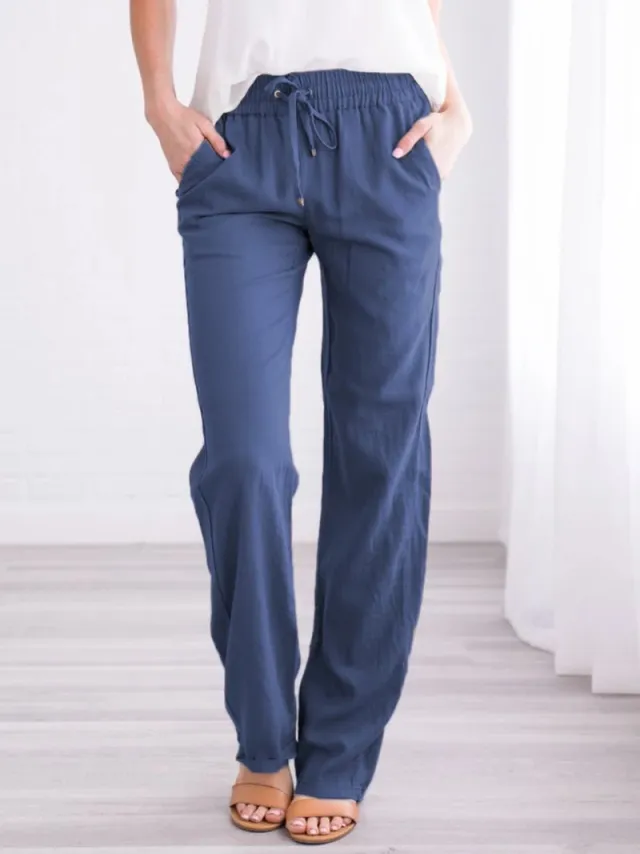 Cotton and Linen Drawstring Loose Casual Wide Leg Trousers Blue - Shop at LoveMi