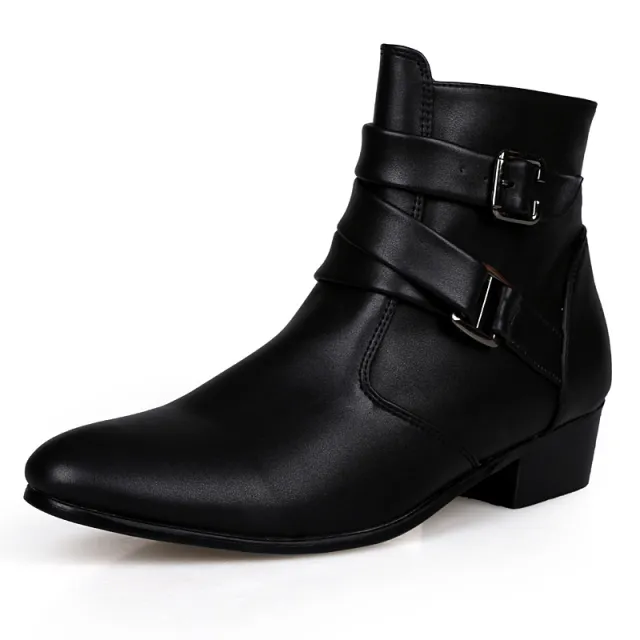 High Top Leather Pointed Toe Internal Heightened Boots Black - Shop at LoveMi
