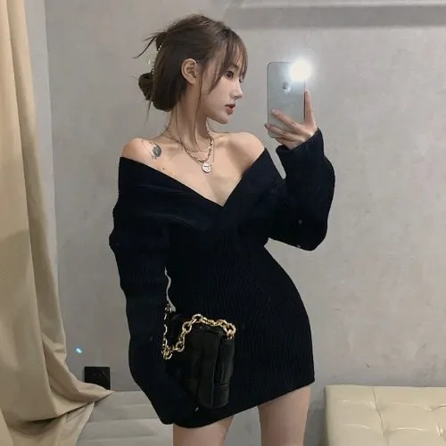 Long Sleeve Pullover Knitted Skirt Black - Shop at LoveMi