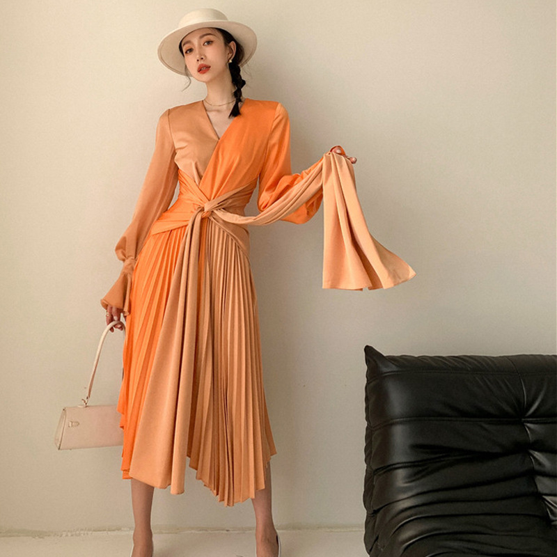 Temperament Color Matching Pleated Long Dress