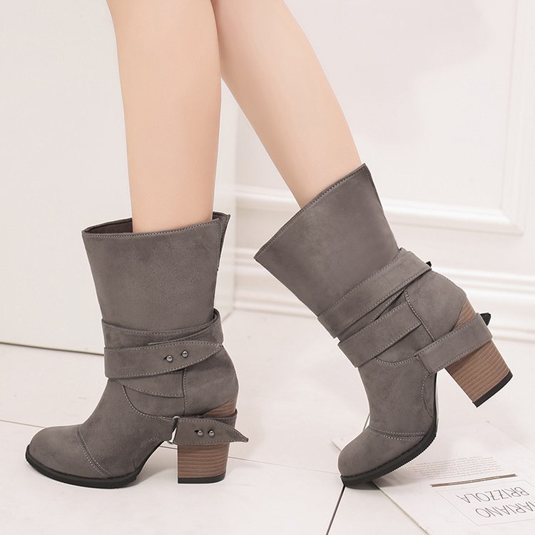 Large Size Thick Heel Belt Buckle Middle Tube Women's Boots