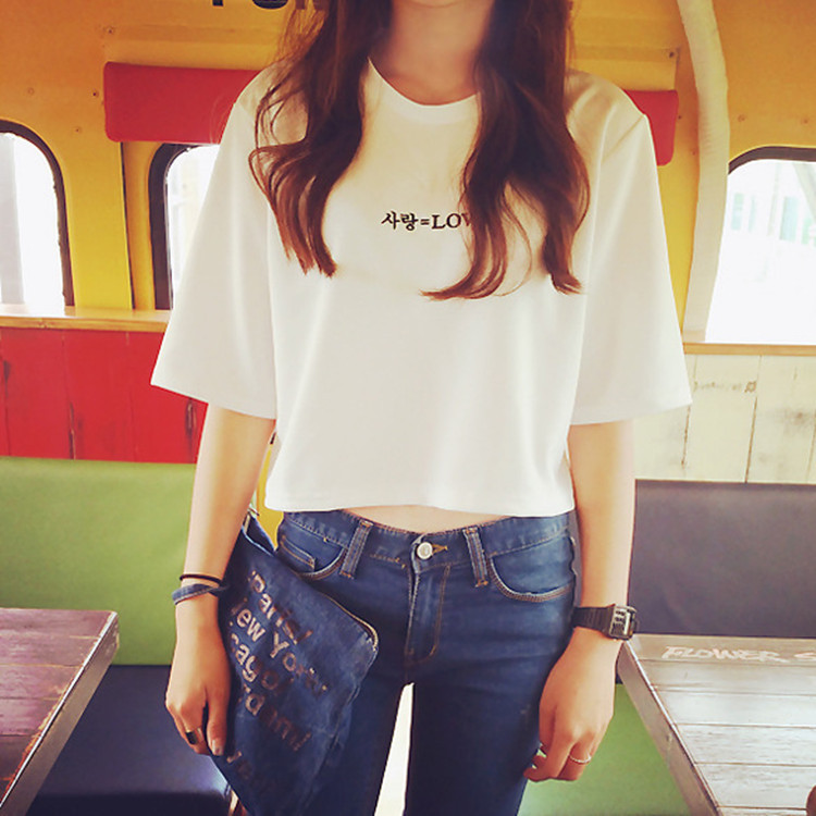 Letter Embroidery Women's T-Shirt Short Sleeve Round Neck Top