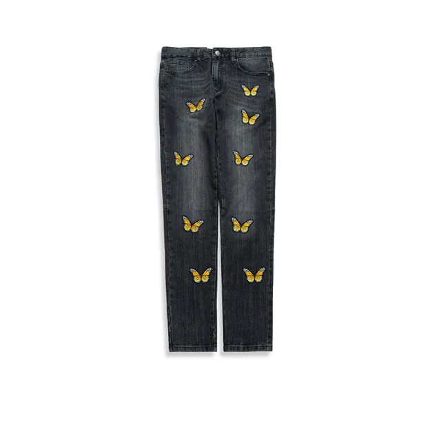 High Street Butterfly Embroidered White Trousers Men and Women Same Style Washed Tide Denim Black - Shop at LoveMi