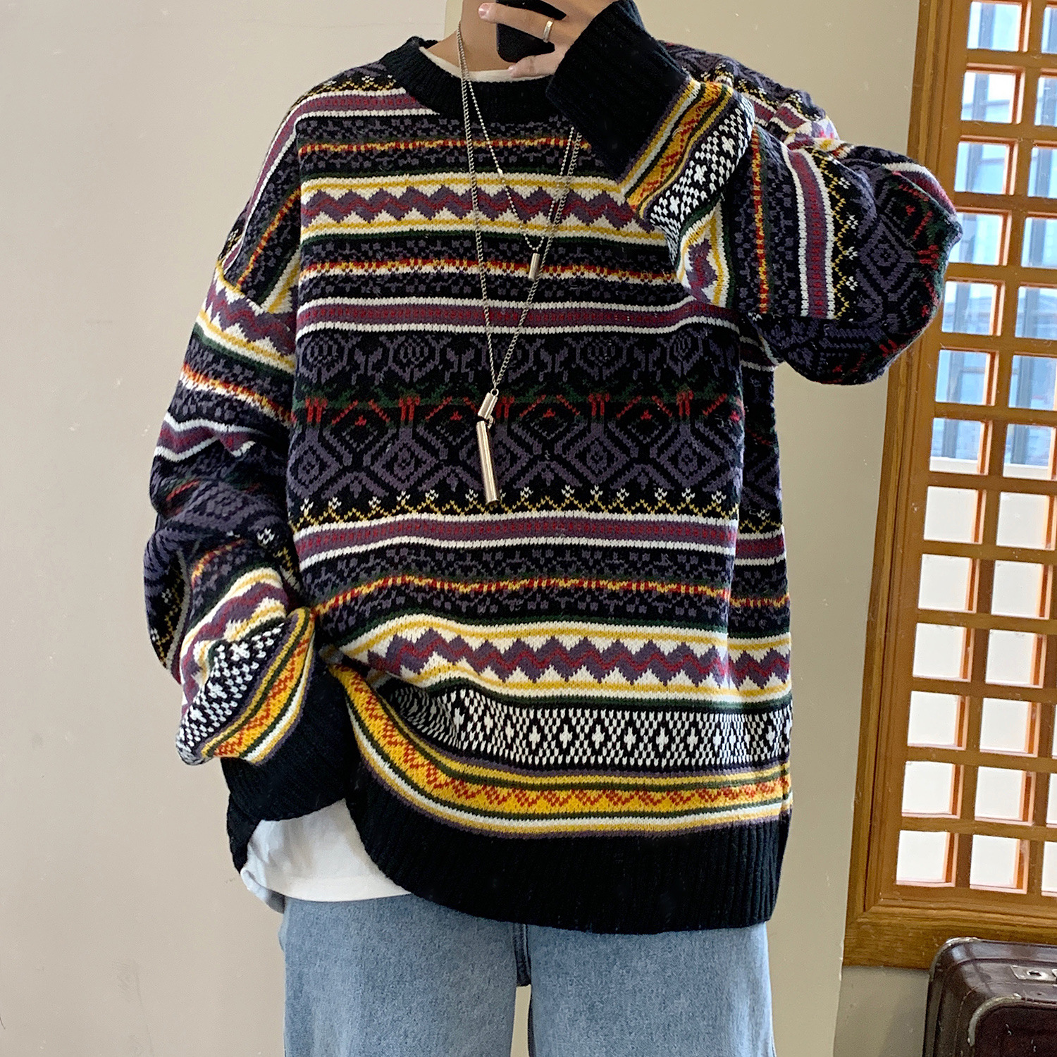 Sweater Men's Loose Round Neck Long Sleeve Korean Style Trendy Personality Sweater