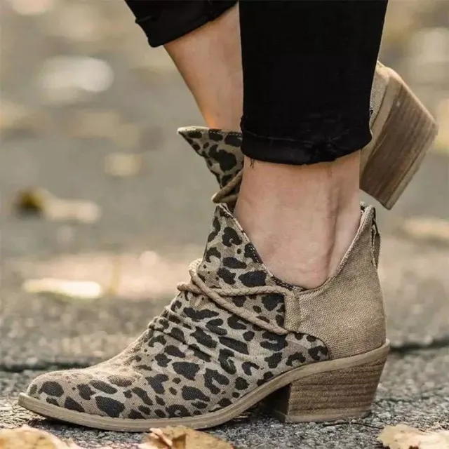 Women's Autumn Winter Thick Heel Leopard Print Boots Grey - Shop at LoveMi