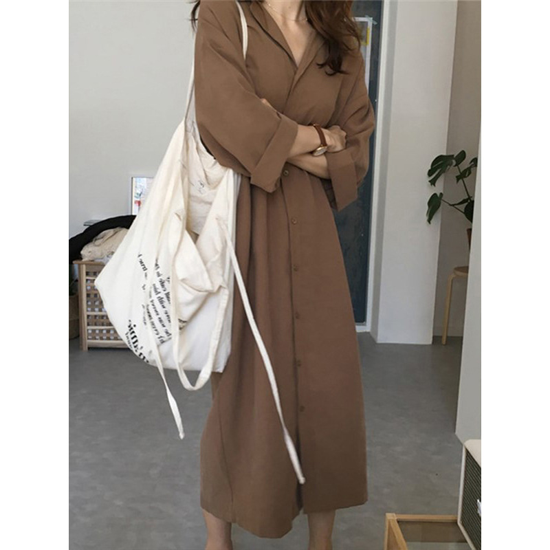 Versatile Solid Long Sleeve Cardigan Waist Tie Long Dress