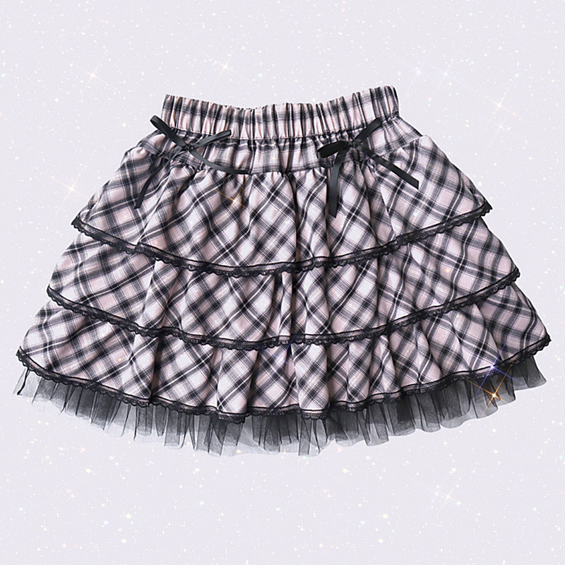 Spicy Girl Plaid Cake Skirt Harajuku Japanese Lace  Pink Skirt