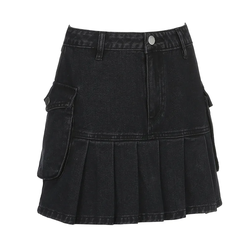 The New High Waist Was Thin And Versatile Pocket A-Line Pleated Black Denim Skirt Women - Black
