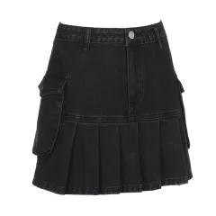 The New High Waist Was Thin And Versatile Pocket A-Line Pleated Black Denim Skirt Women - Black - View 1