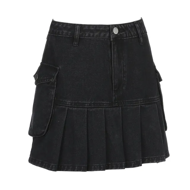 The New High Waist Was Thin And Versatile Pocket A Line Pleated Black Denim Skirt Women Black - Shop at LoveMi